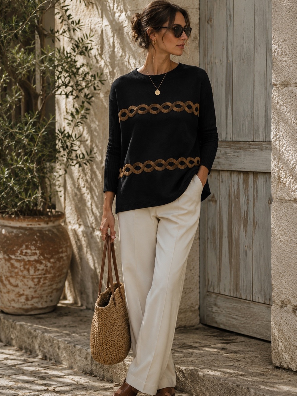Aaeda Black Camel Chain Knit Sweater Small Oversized Quiet Luxury Equestrian